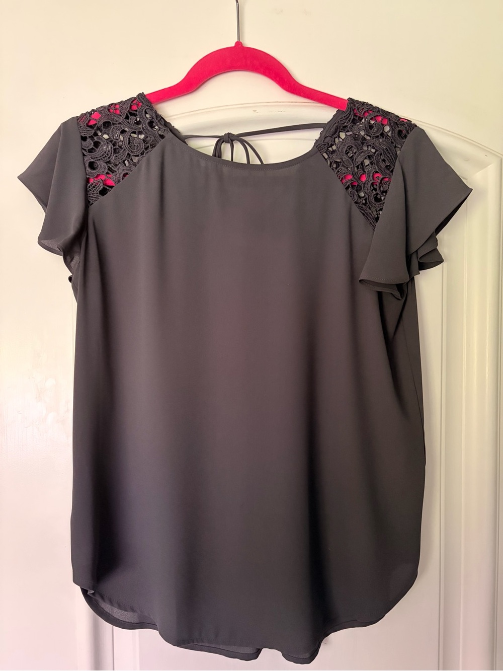 Women's Navy Crochet Shoulder Flutter Sleeve Top